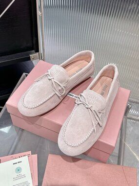 Miu Miu Blush Pink Suede Bow Moccasin Loafers